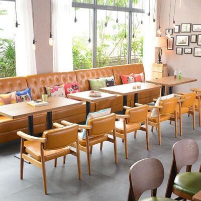 Buen precio Simples cafetería tienda de cartón de pared asiento mesa de comedor y silla combinación restaurante cuero mesa de mesa asiento sofá muebles en línea