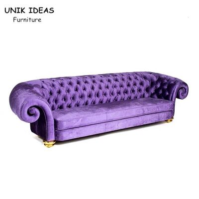 Goede prijs Purper Fluweel 3 Bank van Zetels de Knoop Doorgenaaide Sofa Wood Frame Club Lounge online