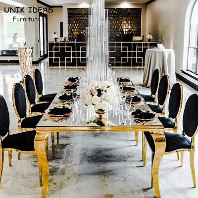 Bom preço Mesa e cadeiras de casamento de hotel de luxo perna de aço inoxidável com tampo morro on-line