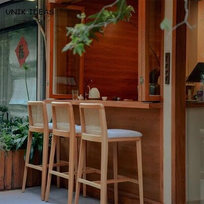 Good price Nordic Modern Coffee Shop Front Counter High bar Stool Garden Courtyard Creative Solid Wood Hand Made Rattan bar Chair online