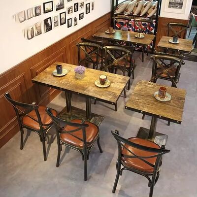Good price Retro American Industrial Vintage Style Restaurant Plywood Wooden Coffee Table and Chairs Fast Food Cross Back Dining Sets online