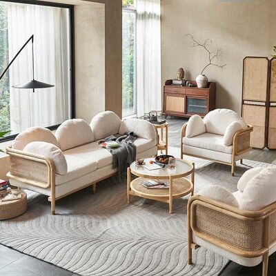 Bon prix Salon en bois Sofa Country Style Sponge Upholstery simple Teddy Fabric de rotin en ligne